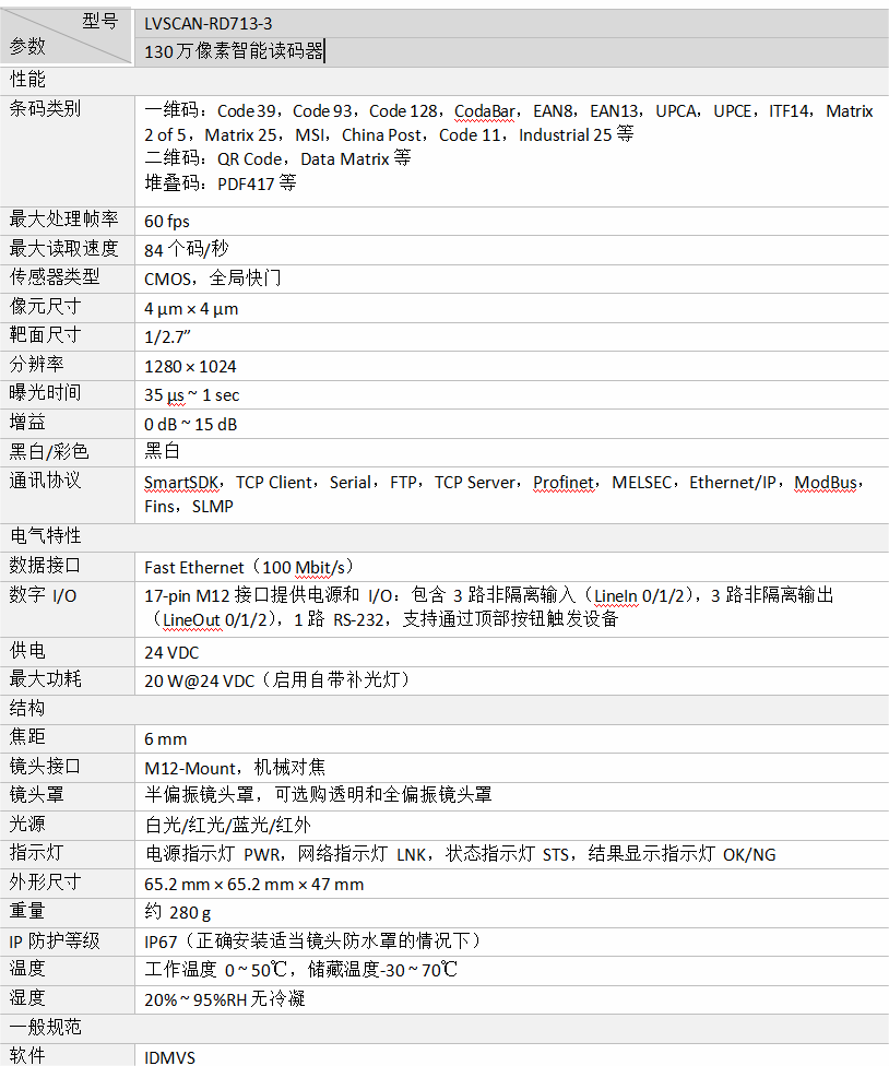 ？礚VSCAN-RD713-3智能读码器参数图