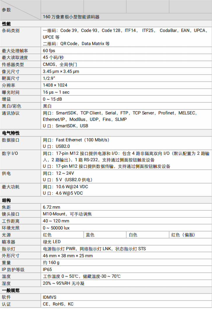 ？礛V-RD716-2智能读码器参数图